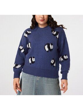 Cider Women’s Round Neckline Panda Knitted Sweater Blue M